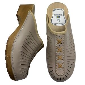 Bjork Mandy Wood and Leather Clogs Swedish Beige 37 / US 6.5